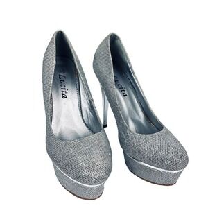 Lucita Silver Glitter Platform Stiletto Pumps‎ Round Toe Formal Heels SX-300 6.5